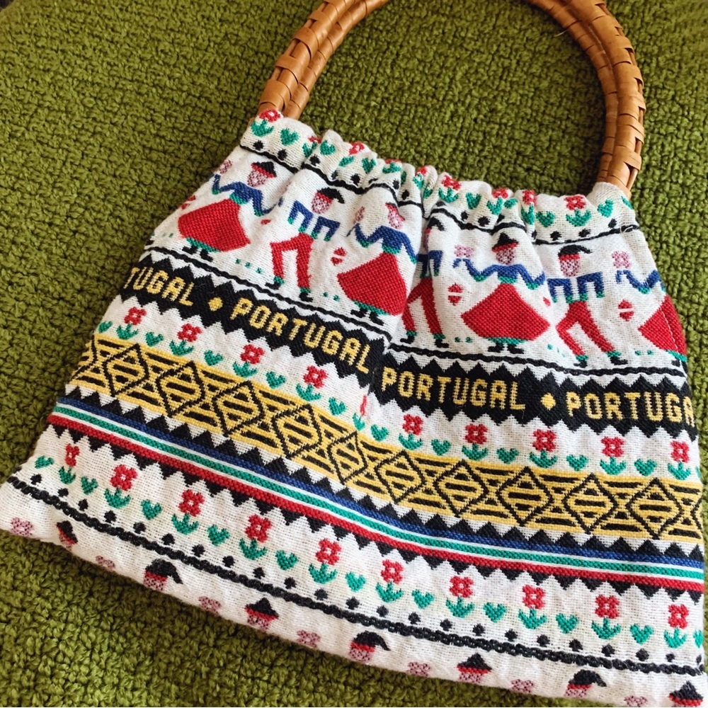Vintage Folk Art Portugal Textile Tote Bag Handbag with Wicker Handles